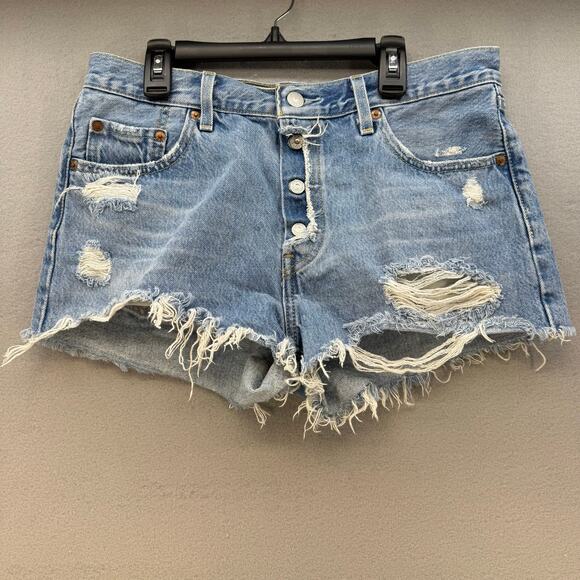 Levi's 501XX Big E Shorts Women's 29 (8) Light Blue Button Fly Cutoff 2" Inseam - Picture 1 of 13